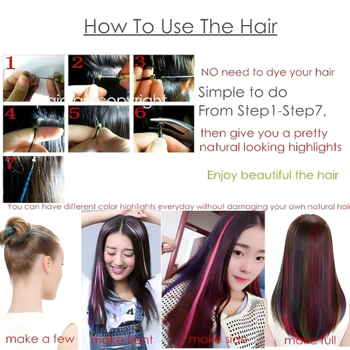 Miniatura 9 de Extensiones de cabello arcoíris, 100 unidades de rayas de cabello de colores para niñas y mujeres, extensiones sintéticas rectas de 20 pulgadas