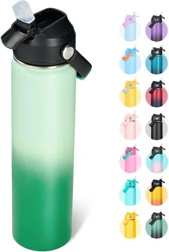 Miniatura 14 de Fijinhom Botella de agua aislada de acero inoxidable de 18 oz, de boca ancha, de doble pared, con vacío, con pajita de silicona, a prueba de sudor