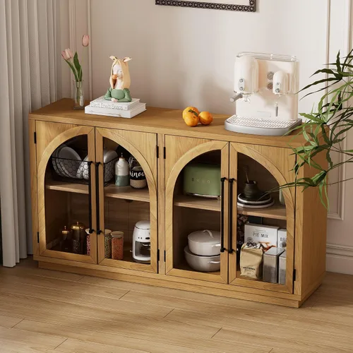 Miniatura 9 de SOFTSEA Tablero de tamaño de 60 pulgadas con puertas de vidrio arqueadas, aparador moderno de mediados de siglo con estantes ajustables para sala
