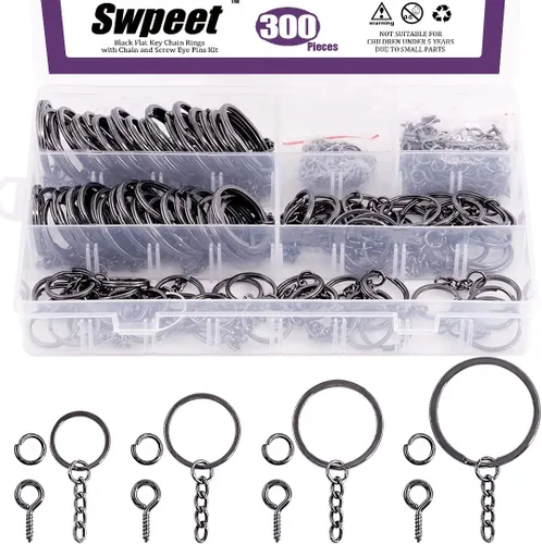 Miniatura 19 de Swpeet Juego de 450 llaveros planos negros de 4/5 pulgadas de 0.787 in, incluye 150 llaveros divididos con cadena y 150 anillos de salto con 150