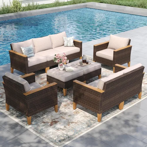 Miniatura 7 de PHI VILLA Otomana de mimbre para patio, 2 piezas, asiento otomano de mimbre para todo tipo de clima, reposapiés para exteriores con cojines