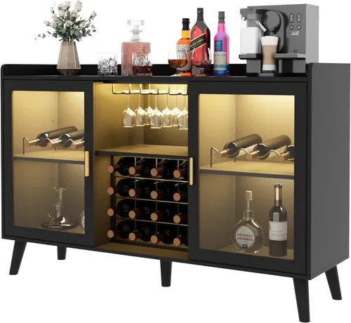 Auromie Armario de bar de vinos con luz LED, gabinete de café para el hogar con estante para vino y vidrio, aparador de cocina con estantes de Negro