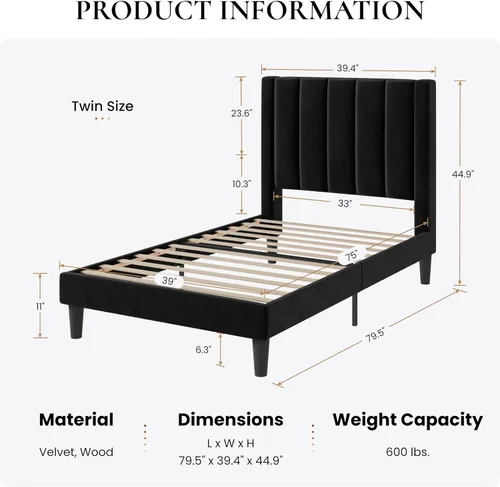 Miniatura 2 de SHA CERLIN Marco de cama individual con plataforma tapizada de terciopelo con cabecero, soporte de listones de madera resistente, base de colchón