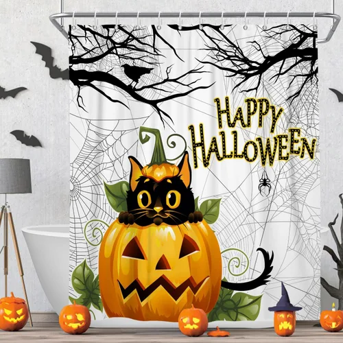 Miniatura 8 de Cortina de ducha de Halloween, cortinas de ducha de calabaza y gato aterradoras para baño, decoración de fiesta de Hlloween, cortina de baño