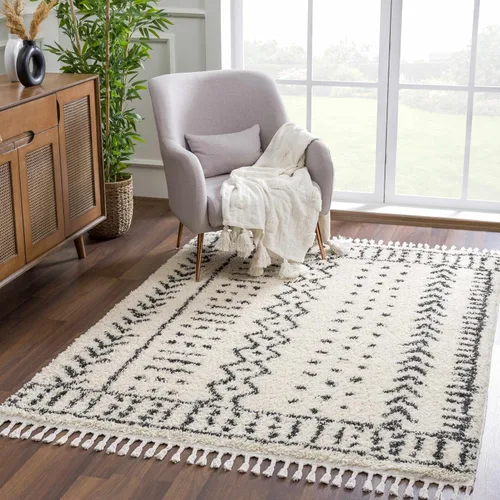 Miniatura 138 de Hauteloom, Duncans - Alfombra de estilo granja de pelo mullido para sala y dormitorio, con borlas - Beige, carbón, gris - 2 pies 7 pulgadas x 7 pies