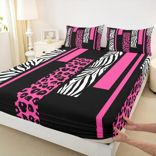 Miniatura 24 de Sábana bajera ajustable con estampado de leopardo, tamaño individual, juego de ropa de cama rústica con rayas de piel de cebra, decoración