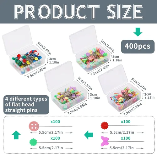Miniatura 4 de Fteven Juego de 400 alfileres rectos de cabeza plana, juego de alfileres de cabeza plana de costura, alfileres de costura de cabeza