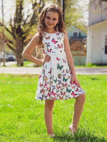 Miniatura 2 de Vestidos de verano para niñas, sin mangas, con bolsillo, vestido de sirena de mariposa, vestido casual de verano para niñas de 3 a 12 años