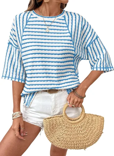 Miniatura 9 de Dokotoo Camisetas de verano para mujer, camisetas de gran tamaño para mujer, a rayas, bloques de color, manga corta, cuello redondo, blusas casuales