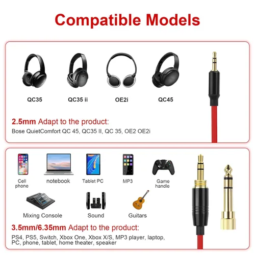 Miniatura 2 de Toxaoii QC45 - Cable de audio en espiral compatible con auriculares Bose QuietComfort QC 45, QC35 II, QC 35, OE2 OE2i Soundlink SoundTrue con Rojo