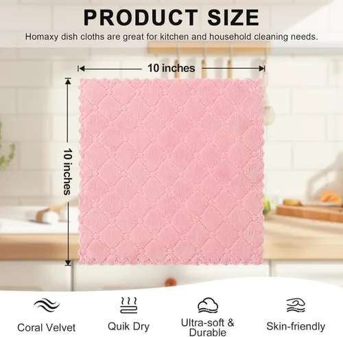 Miniatura 5 de Homaxy - Paquete de 12 trapos de cocina (10 x 10 pulgadas, rosado), de terciopelo coral, supersuaves y absorbentes, de secado rápido, paño