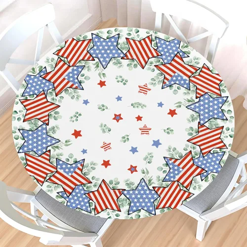 Miniatura 35 de Mantel redondo ajustable para el 4 de julio con borde elástico, impermeable, lavable, azul, rojo, blanco, estrella, patriótica, independencia, Día