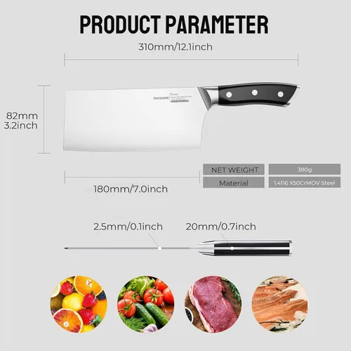 Miniatura 2 de OAKSWARE Cuchillo de carnicero chino de 7 pulgadas, cuchillo de cortar chino, acero alemán y mango ergonómico de ABS, cuchillo afilado para cortar