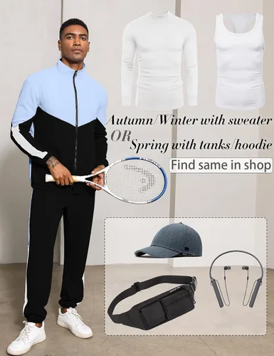 Miniatura 5 de Babioboa Chaqueta y pantalones de punto gofre para hombre, manga larga, con cremallera, contraste, entrenamiento, Varsity para correr, entrenamiento