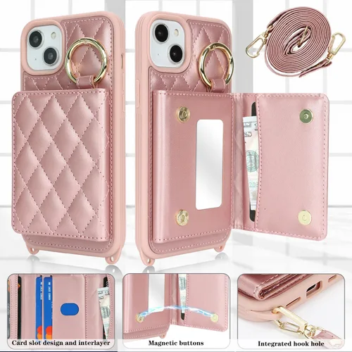 Miniatura 2 de Funda para iPhone 14 Plus con tarjetero y correa para mujer, cordón cruzado, espejo de maquillaje, soporte de anillo, cierre a presión, bonitas Rosa