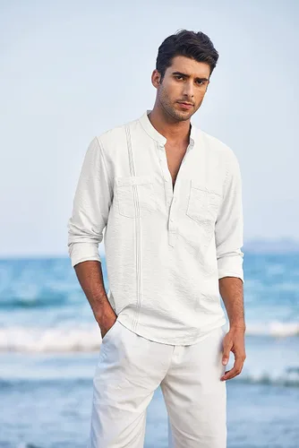 Miniatura 8 de COOFANDY Camiseta de lino Henley de manga larga para hombre, estilo hippie, de algodón, playeras