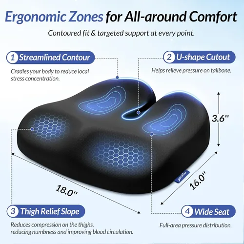 Miniatura 2 de ZIKEE - Cojín de asiento ergonómico con pendiente para muslos para largas sesiones de sentado, cojín de espuma viscoelástica para silla de oficina