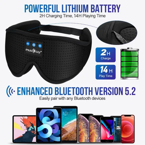 Miniatura 4 de MUSICOZY - Auriculares para dormir 3D Bluetooth 5.4, máscara de ojos transpirable inalámbrica, auriculares para dormir con diadema para personas que