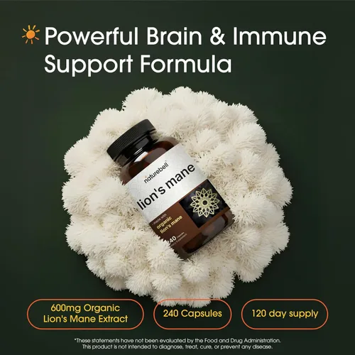 Miniatura 2 de NatureBell Melena de león - 240 cápsulas - Cuerpo fructífero orgánico y micelio - Soporte cerebral, inmunológico y energético* - Extracto de alta
