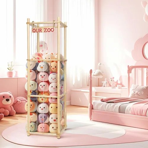 Miniatura 5 de Almacenamiento de Animales de Peluche - Organizador Alto de Juguetes de Madera de Pino Natural con Cuerdas Elásticas y Estante, Casa