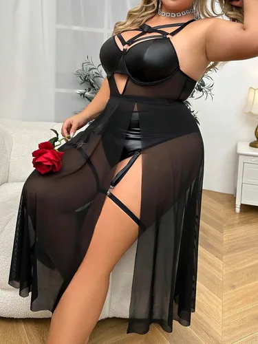 Miniatura 5 de Floerns Vestido de lencería de malla largo sin mangas con encaje sexy para mujer, talla grande