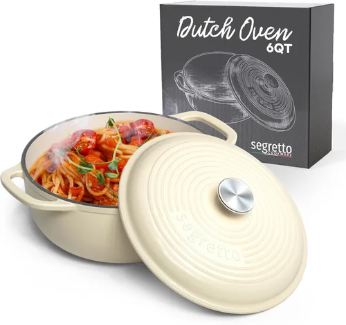 Miniatura 13 de Segretto Cookware Horno holandés de hierro fundido esmaltado, 6 cuartos de galón, verde claro Verde Chiaro (verde claro)