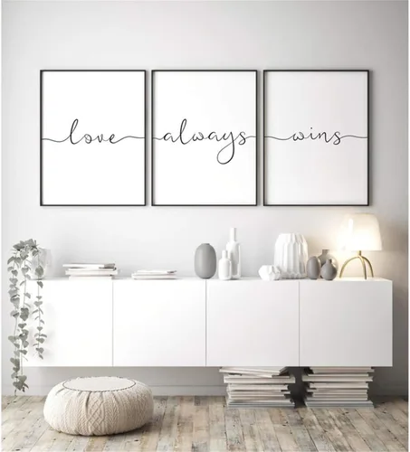 Póster de 3 piezas con texto en inglés "Love Always Wins" (Love Always Wins), diseño de pared blanco y negro, arte de pared, pintura en lienzo,