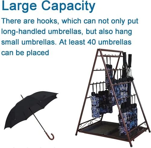 Miniatura 3 de Soporte plegable de metal de gran tamaño para paragüas, soporte para paragüas, oficina en casa, pasillo, almacenamiento con ganchos y bandeja Marrón