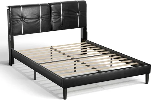Miniatura 9 de BONSOIR Base de cama tamaño Queen tapizada de perfil bajo moderna con cabecera de piel sintética, no necesita somier, no necesita falda de cama