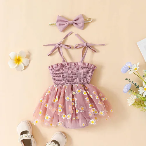 Miniatura 45 de Mameluco para bebés y niñas de 3, 6, 9, 12, 18 meses, enterizo de manga corta, fruncido, faldas y dobladillo, diadema