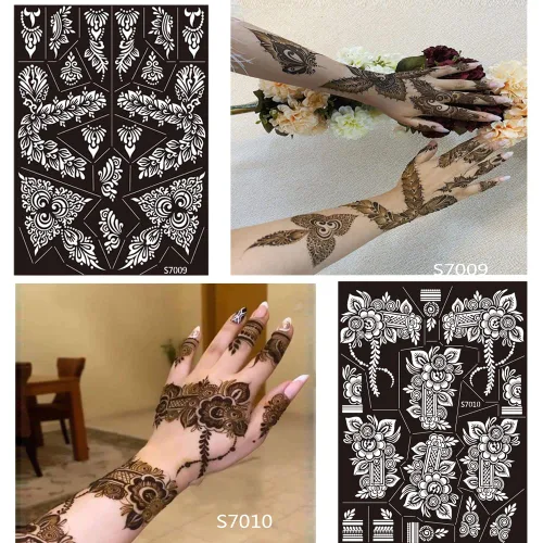 Miniatura 3 de 10 hojas de plantillas de tatuaje de henna 10 pares de plantillas de tatuaje temporal para brazo y mano Tatuajes indios árabes con purpurina Negro