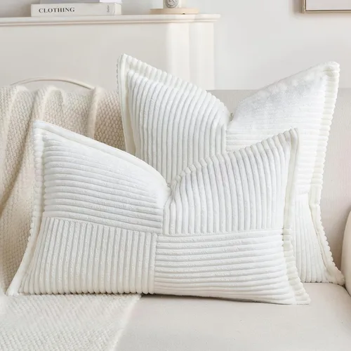 Miniatura 6 de HAUSSY Paquete de 2 fundas de almohada de 16 x 16 pulgadas, fundas decorativas de pana suave, estilo bohemio, a rayas, sólidas, decoración