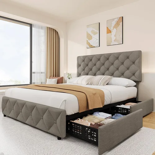 Miniatura 12 de IDEALHOUSE Base de cama de tamaño matrimonial con 4 cajones de almacenamiento y cabecera ajustable, camas de plataforma tapizadas con tapizado