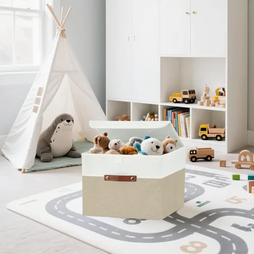 Miniatura 9 de DECOMOMO - Cubos plegables de almacenamiento con tapas, canastas resistentes de tela catiónica, cubos con asas, para organización de estantes, Beige