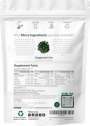 Miniatura 3 de Micro Ingredients Tabletas orgánicas de Chlorella Spirulina de 3000 mg y vitamina D3 5000iu + K2 100mcg paquete de 2 unidades Pared celular