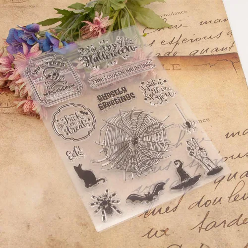 Miniatura 4 de Sello transparente de Halloween Sentiment para hacer tarjetas o diario de Halloween, telaraña, gato, murciélago, sellos de goma para álbumes