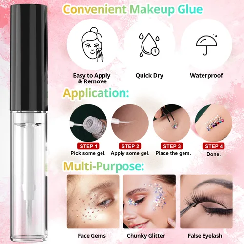 Miniatura 3 de Kit de gemas faciales redondas con parte trasera plana (colorido) para maquillaje con pegamento de secado rápido + cepillo + pinzas, diamantes