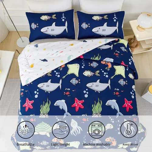 Miniatura 2 de RYNGHIPY Juego de ropa de cama para cama individual para niños, reversible, con estampado de animales marinos, juego de edredón para niños y niñas