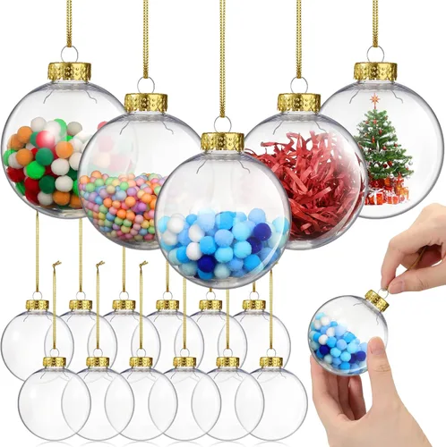 Chalyna 12 Piezas 67 Mm/2.64 Pulgadas Adornos de Bola Transparente de Navidad de Plástico Rellenables con Cuerda y Tapa de Metal Adornos Colgantes