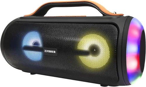 Fisher Altavoces Bluetooth, altavoz inalámbrico portátil de 20 W de potencia máxima Boombox con sonido HD y luces, resistente al agua, tiempo de