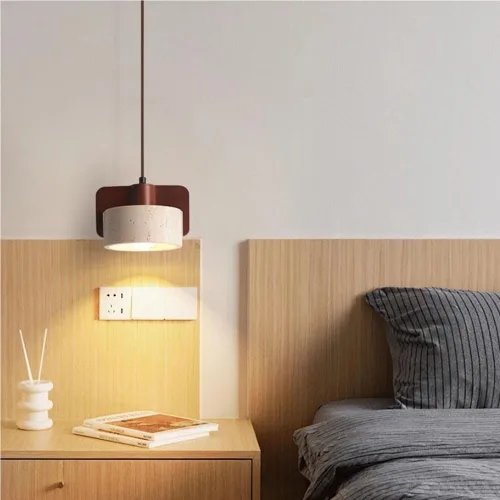Miniatura 2 de Single Head Vintage Pendant Light Fixture Modern Cylinder Travertine Hanging Lamp Nordic Retro Solid Wood Chandelier for Dining Room Bedside Hallway