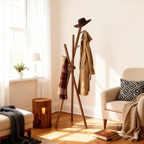 Miniatura 8 de VICITON Perchero de madera, trípode independiente con 3 ganchos para ropa, sombreros y bolsos, perchero para dormitorio, sala de estar, entrada