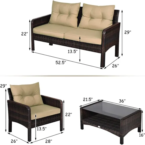 Miniatura 2 de COSTWAY Juego de muebles de patio de 4 piezas, sofá modular de mimbre con cojín, sofá biplaza, mesa de centro con vidrio templado y estante
