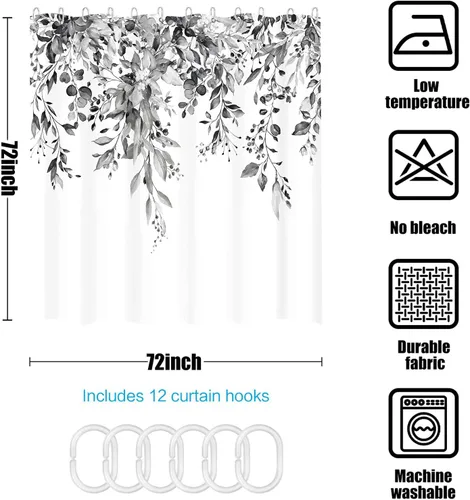 Miniatura 6 de kampdream Cortina de ducha de plantas de eucalipto gris y blanco, hojas de acuarela en la parte superior, cortina de baño botánica, 72 x 72 pulgadas