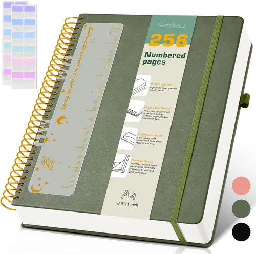 Miniatura 15 de Cuaderno de espiral A4 de 8.5 x 11 pulgadas, 256 páginas numeradas, de tapa dura, de cuero, para mujeres y hombres, cuadernos grandes rayados