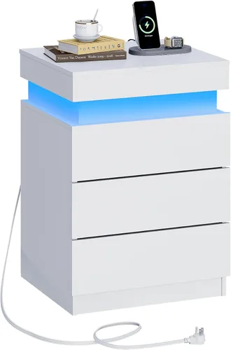 Miniatura 10 de WLIVE Mesita de noche negra con estación de carga y luces LED, mesita de noche con 2 cajones de madera y parte superior deslizante, mesa auxiliar