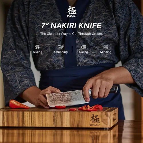 Miniatura 2 de KYOKU Cuchillo Nakiri de 7 pulgadas, serie Shogun, estilo japonés VG10, núcleo de acero, hoja de damasco, con funda y estuche
