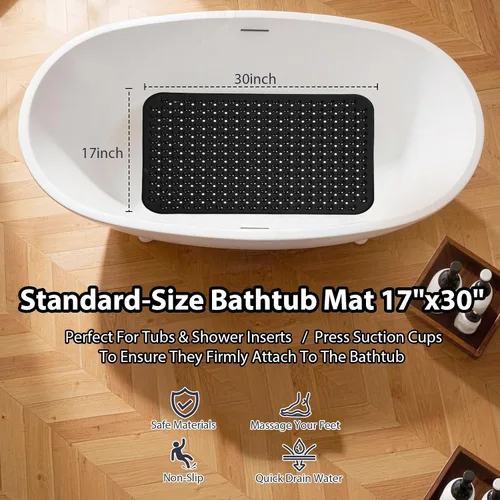 Miniatura 2 de Tapete de ducha negro antideslizante de 17 x 30 pulgadas, tamaño estándar, tapete de baño de burbujas suaves para ducha interior, tapete de baño