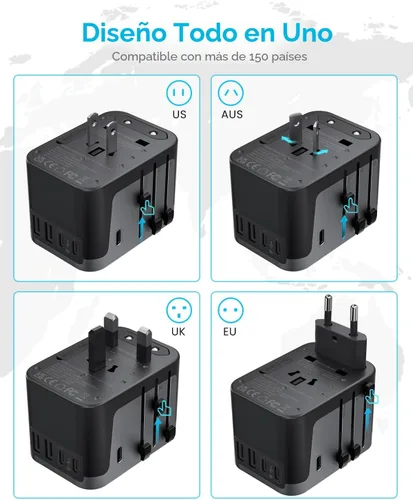Miniatura 2 de VINTAR - Adaptador de viaje universal, adaptador de corriente internacional con 6A, 3 USB C y 2 puertos USB, adaptador de enchufe esencial de viaje
