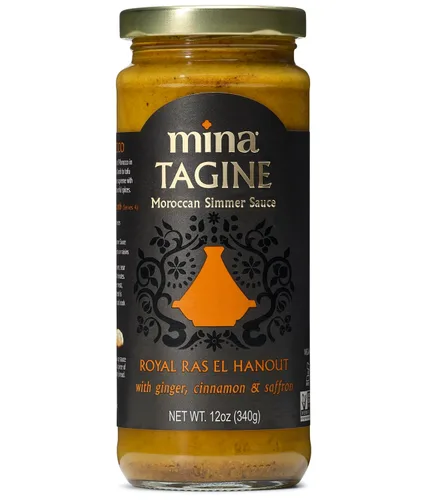 Mina Tagine - Salsa marroquí a fuego lento, 12 onzas, mezcla de especias Royal Ras El Hanout para carne de res y cordero, salsa tagine hecha con